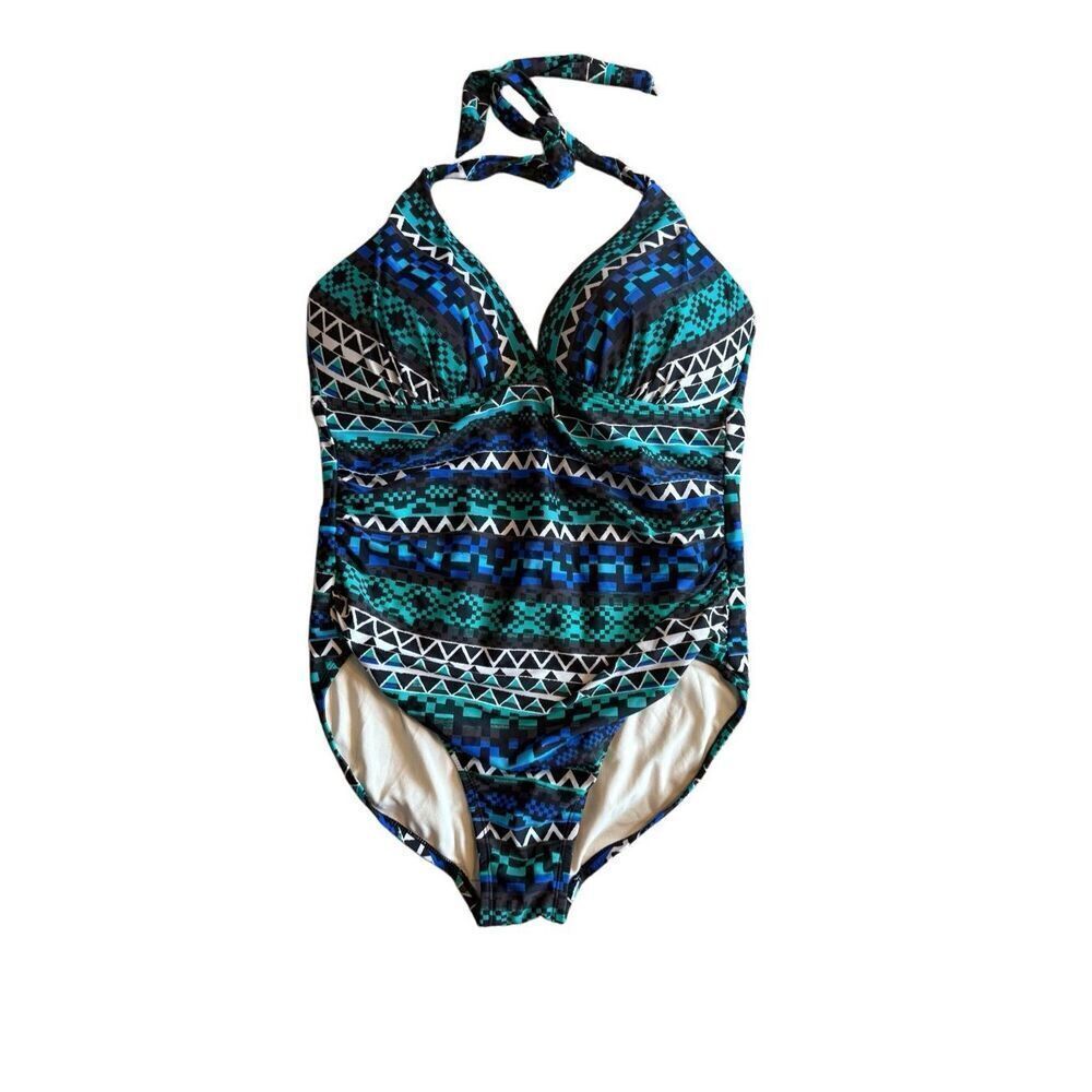5/$25 SALE Merona Geometric Print Green Black Halter One Piece Padded Swimsuit